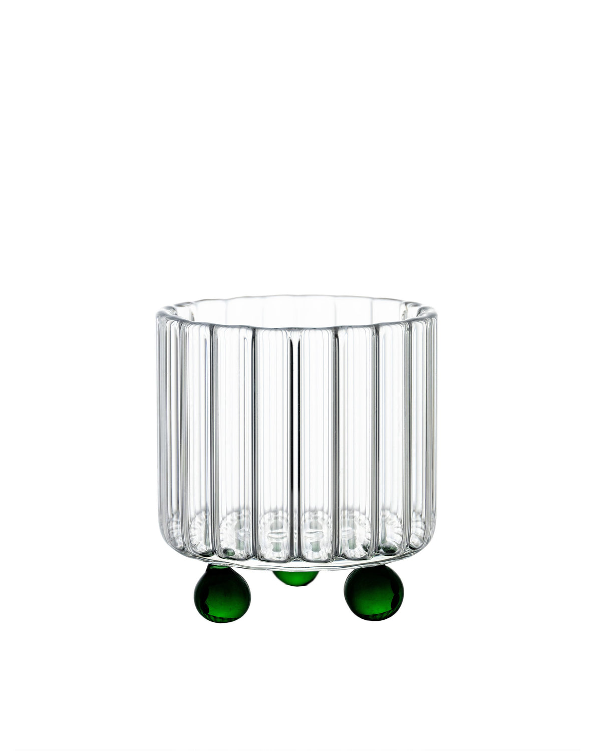 High Spirits lowball glass with ribbed body and three green spherical supports