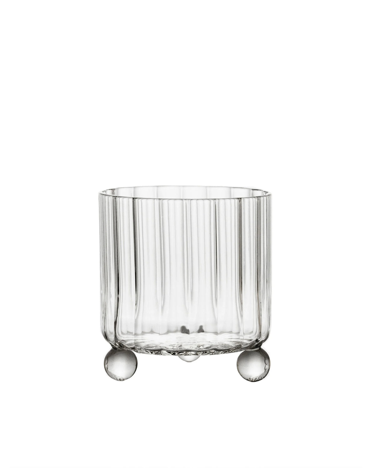 High Spirits lowball glass with ribbed body and three spherical supports