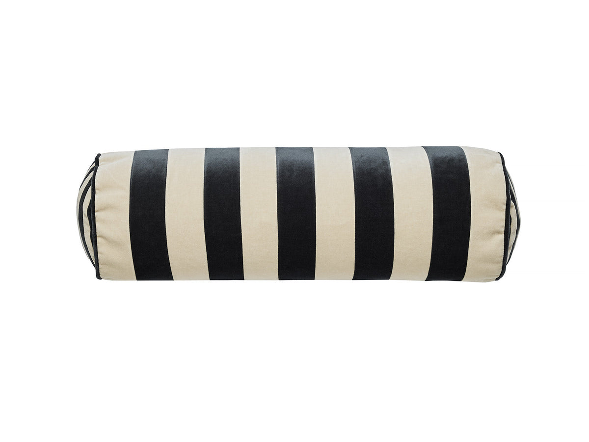 Bolster Stripe velvet cushion in Dark Grey/Dusty White by Christina Lundsteen